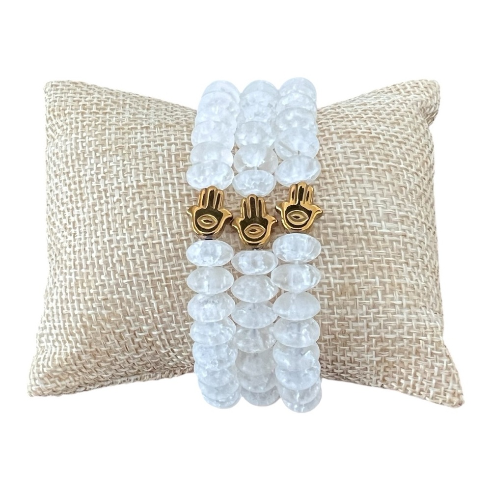 White Quartz and Hematite Beaded Bracelet with Hamsa Hand Set of 3
